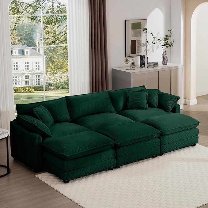 Aoowow Corduroy 3 Seater Sleeper Couch with Ottomans,Large Cloud Couches for Living Room,Oversized Modular Sectional Cloud Sofas Deep Seat,Tufted Chaise Lounge Sofa (Green, 3 Seater + 3 Ottoman)