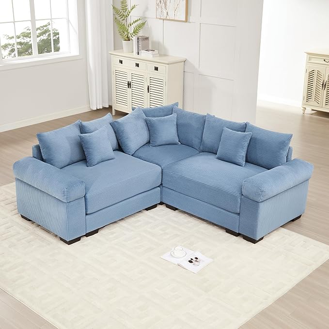 KEIKI 79" L-Shaped Oversized Corduroy Modular Cloud Sectional Sofa with High-Density Foam Cushion, Extra-Thick Armrest, Convertible 3-Seater Fluffy Corner Couch with 10 Pillow, for Living Room, Blue