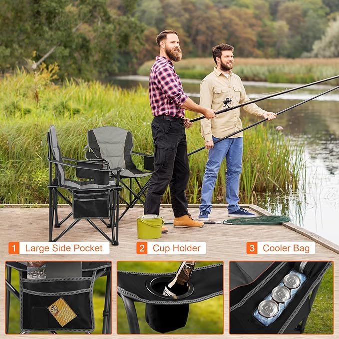 LANMOUNTAIN 2 Pack Padded Oversized Camping Chairs for Adults,Heavy Duty Support 400 Lbs,Folding Portable Lawn Chair w/Cup Holder,Cooler Bag,Side Pocket,Perfect for Outdoor Picnic,Hiking(Black)