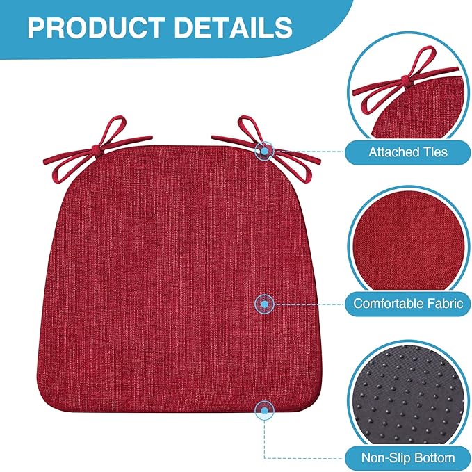 Chair Cushions for Dining Chairs Set of 6, Non Slip Kitchen Chair Pads, 17" x 16" x 2", Indoor Dining Chair Cushions with Ties, D-Shaped Seat Cushions for Kitchen Chairs, Red