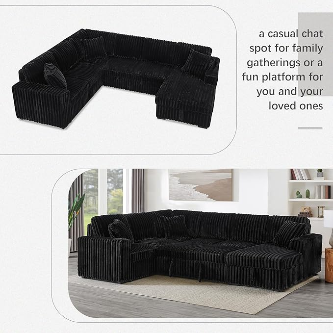 Olodumare Oversized Convertible Sectional Sofa Bed for Living Room, Modern 122’’ Corduroy Upholstered U-Shaped Couch with Right Chaise Hidden Storage & Pull-Out Bed, USB & Type-C Port, Polar Black