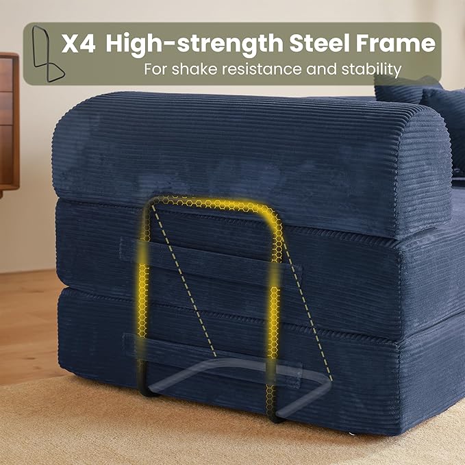 79" Convertible Sofa Bed, Boneless Corduroy Sleeper Foldable Modular Couch, Memory Foam Compressed Sofa in A Box, Folding Mattress Floor Couch for Small Space Living Room Apartment Bedroom, Blue