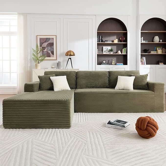 Opiesit 108" Boneless Couches for Living Room, Modular Sectional Sofa with Oversized Chaise, L-Shape Cloud Couch with Deep Seat, High-Density Memory Foam, No Assembly Required, Plush Corduroy Green