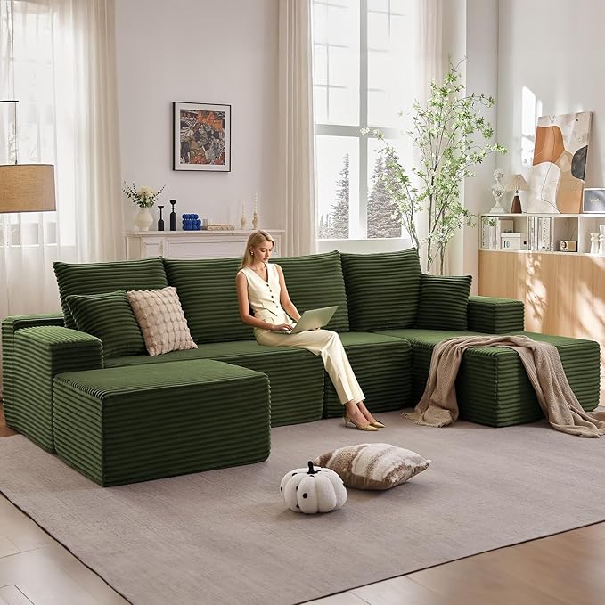 135.4" W Cloud Sectional Couch with Ottoman,Modern U-Shaped Cloud Couch with Deep Seat,Comfy Corduroy 4-Seater Sofa,Memory Foam Sofa for Living Room,No Assembly (Green,Right-Facing Chaise)