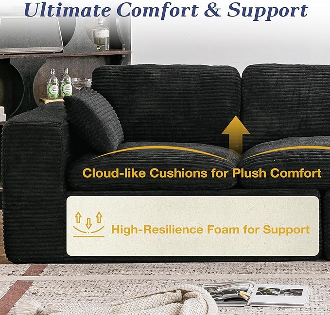 Esright 110" Oversized Sofa for Living Room, Cloud Boneless Couch with Fluffy Seat Cushions, 3 Seater Upholstered Floor Sofa, No Assembly Required, Black