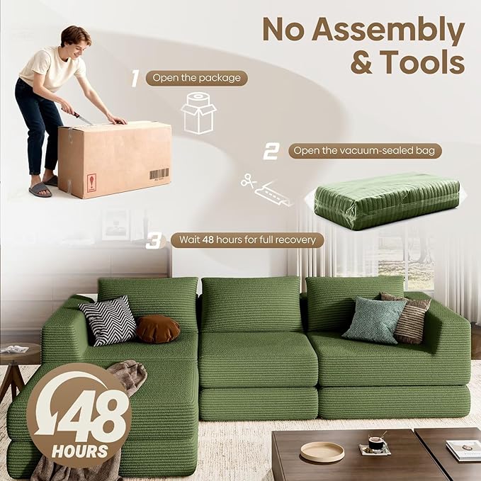 L-Shaped Corduroy Modular Sectional Couch, Modern Floor Couch Sofa for Apartment Living Room, Convertible Sleeper Sofa Bed with 3 Pillows, No Assembly Required, Green