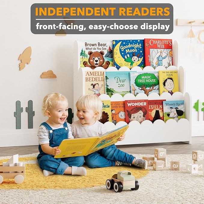 SpaceAid 3-Tier Scalloped Bookshelf, Montessori Bookcase for Toddlers, Wooden Book Shelf Organizer Display Furniture for Kids Rooms, Playroom, Nursery and Classroom, White