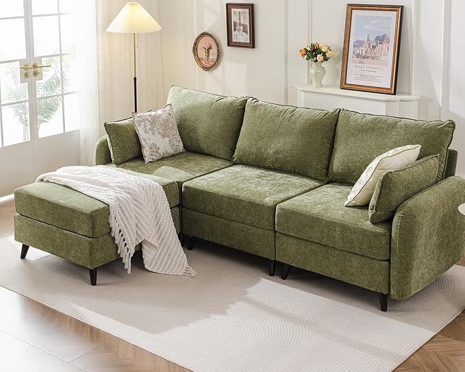 Rexulqo 104'' Modular Sectional Sofa with All Seats Storage, Oversized L Shaped Couch for Living Room,3-Seater Comfy Cloud Couches with Movable Ottoman,Big Sectional for Bedroom,Velet,Green