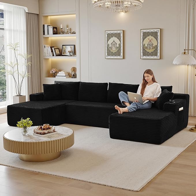 133" Sectional Couches for Living Room Cloud Couch Sofa with L-Shape Upholstered Boneless Couchs Modern Modular Sectional Couch with Chaise (Black, 133" W+U Facing Chaise)