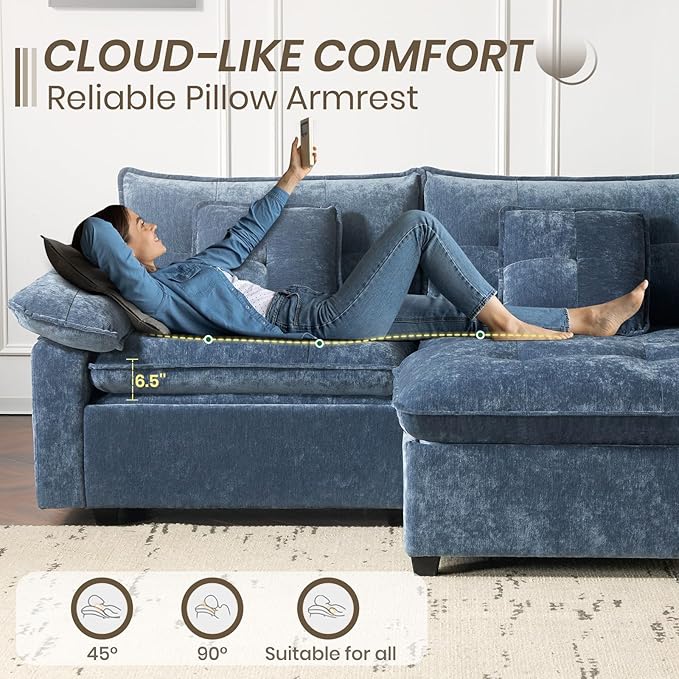 PALLOME 82" Deep Seat Comfy Cloud Couch, Modular Sectional Sofa with Movable Ottoman, L Shaped Chenille Sofa for Small Space, Modern Apartment Living Room & Office (Blue, 2-Seat + Ottoman)