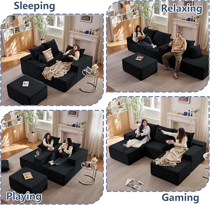 107" W Cloud Sectional Couch with Ottoman,Modern U-Shaped Cloud Couch with Deep Seat,Comfy Corduroy 3-Seater Sofa,Memory Foam Sofa for Living Room,No Assembly (Black,Left-Facing Chaise)