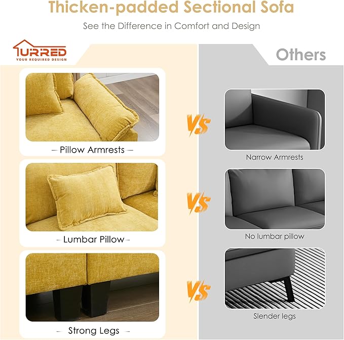 URRED Cloud Couch Modular Sectional Sofa, 87" Modern L Shaped Deep Seat Sofa with Ottoman & Pillows, Ultra Comfy Chenille Couches for Living Room, Bedroom or Apartment, Yellow