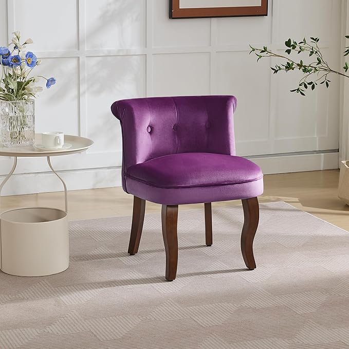 WUTUTUEE Velvet Vanity Chair with Solid Wood Legs, Tufted Upholstered Vanity Stool with Back, Mid Century Small Makeup Accent Chair for Bedroom, Living Room, Purple