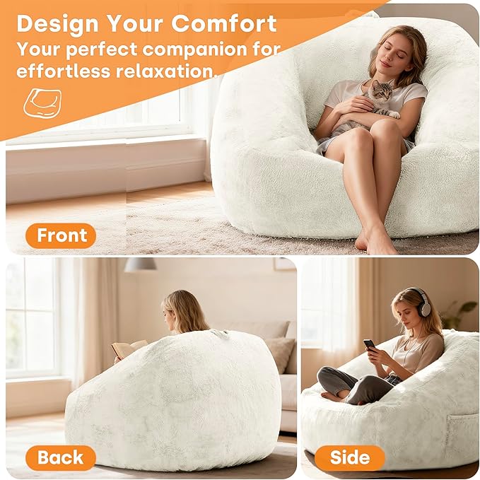 COSIEST Bean Bag Chair, Big Comfy Couch with Armrests, Furry Beanbag Chair with Foam Filler for Adults & Kids, Stuffed Accent Sofa for Reading, Lounge Floor Sofa for Living Room, Bedroom, Cream