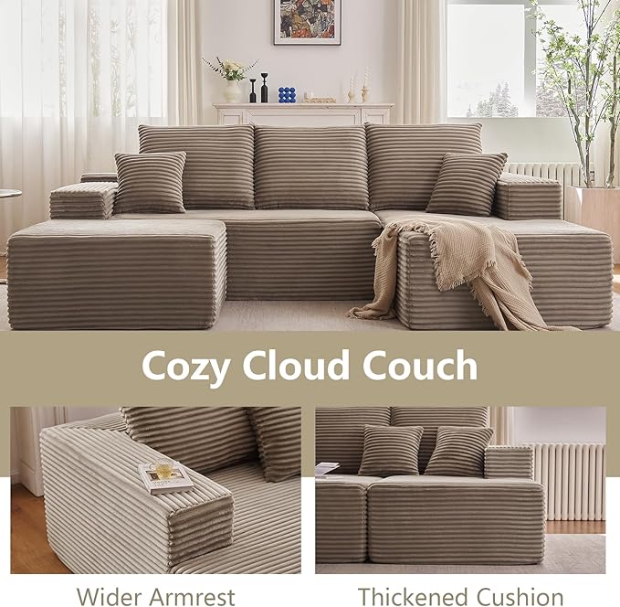 Lakifun 107" U-Shape Cloud Couch, Modern Modular Sectional Comfy L-Shape Sofa with Ottoman, Deep Seat, Upholstered Corduroy Sleeper Chaise Longue for Living Room Bedroom, No Assembly Required, Camel