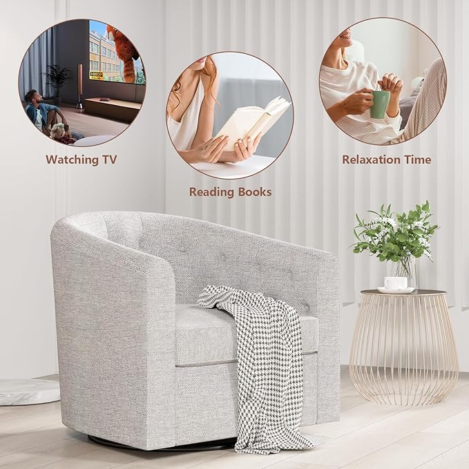 Simore Swivel Accent Chair for Living Room, Comfy Fabric Round Swivel Barrel Chair for Nursery Office Bedroom, Light Gray