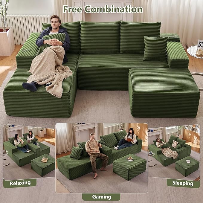 Lakifun 107" L-Shape Sofa with Ottoman, Modern Modular Sectional Comfy U-Shape Cloud Couch, Deep Seat, Upholstered Corduroy Sleeper Chaise Longue for Living Room Bedroom, No Assembly Required, Green