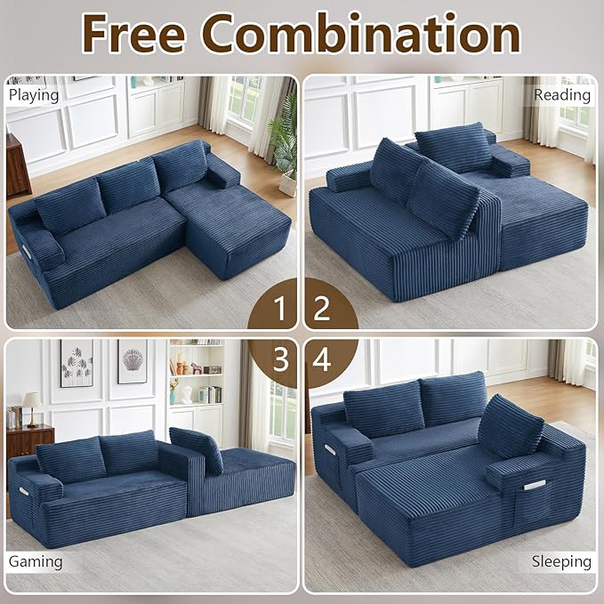 96.1" Modular Sectional Sofa Couches L-Shape Couch 3 Seat Modular Sofa Corduroy Memory Foam Sectional Boneless Couches for Living Room, Cloud Couch with Oversized Chaise(Blue, Right Facing)