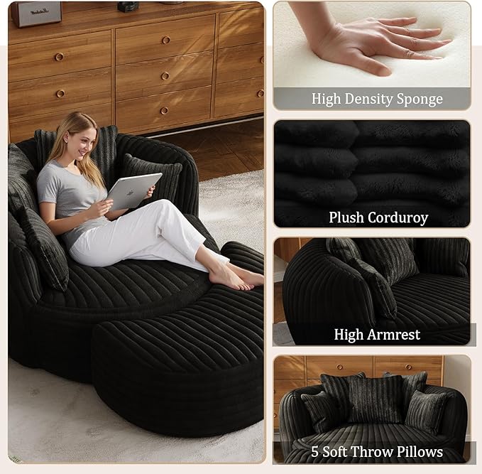 50" W Oversized Round Chaise Lounge Chair with Ottoman Indoor Boneless Plush Fluffy Corduroy Circle Couch Soft Comfy Cozy Cloud Reading Chair for Living Room, Playroom, Bedroom - Black