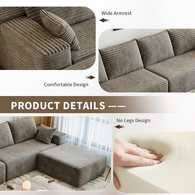 139.4" Modular Sectional Sofa, L-Shaped Minimalist Couches with Middle Seat Chaise, Modern Deep Seat Convertible Sleeper Sofa,Cloud Plush Corduroy Fabric, No Assembly Required, 5 Seater, Camel