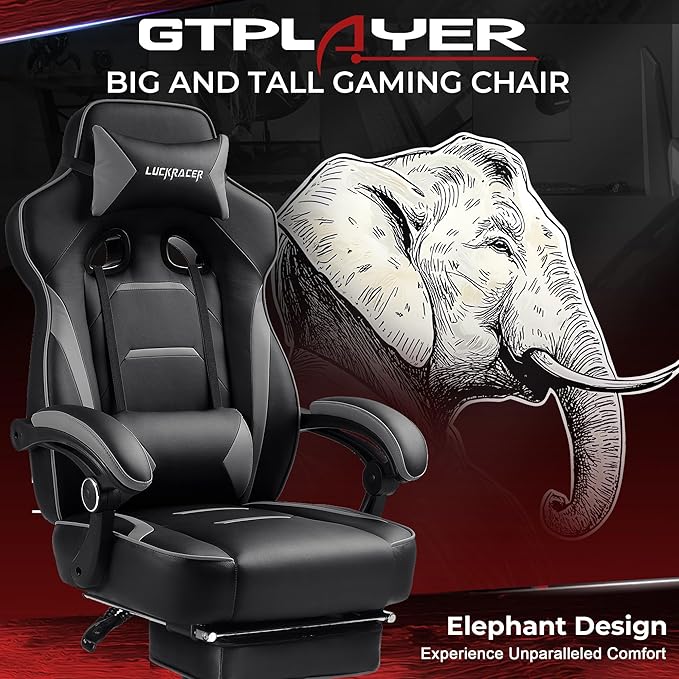 GTPLAYER Gaming Chair with Footrest, Big and Tall Game Chair 350lb Racing Style Computer Chair, Ergonomic Executive Office Chair High Back with Lumbar Support and Recliner, Light Gray