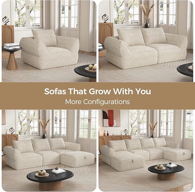132" Modular Sectional Sofa with Deep Seat, U-Shaped Cloud Couch for Living Room, 4-Seater Boneless Sofa with 2 Ottomans, Flexible Combination Modern Upholstery Sofa, No Assembly Required, Apricot