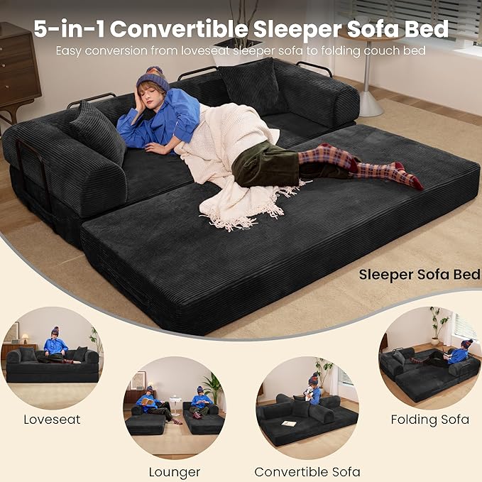 79" Convertible Sofa Bed, Boneless Corduroy Sleeper Foldable Modular Couch, Memory Foam Compressed Sofa in A Box, Folding Mattress Floor Couch for Small Space Living Room Apartment Bedroom, Black