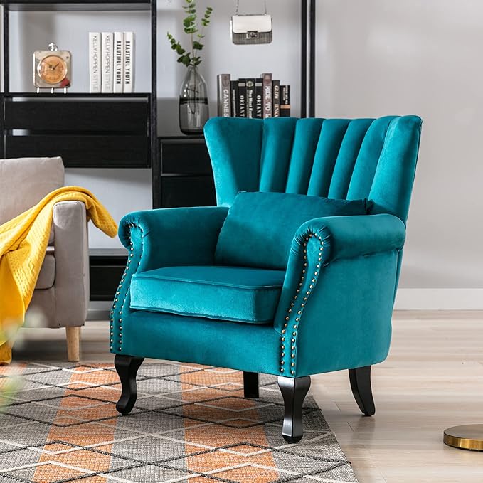 DM Furniture Velvet Accent Chairs Set of 2 with Arm Comfy Living Room Chair Mid-Century Modern Wingback Side Chair Single Sofa Couch for Bedroom Guest Room, Teal Blue