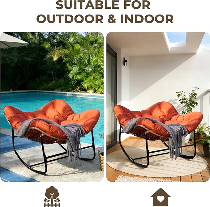 Sgentle Papasan Rocking Chair for Outdoor & Indoor, Oversized Patio Rocking Chair with Cushions & Steel Frame, Wicker Egg Lounge Chair, Comfy Reading Chair for Patio, Deck, Porch (Red, Style 2)