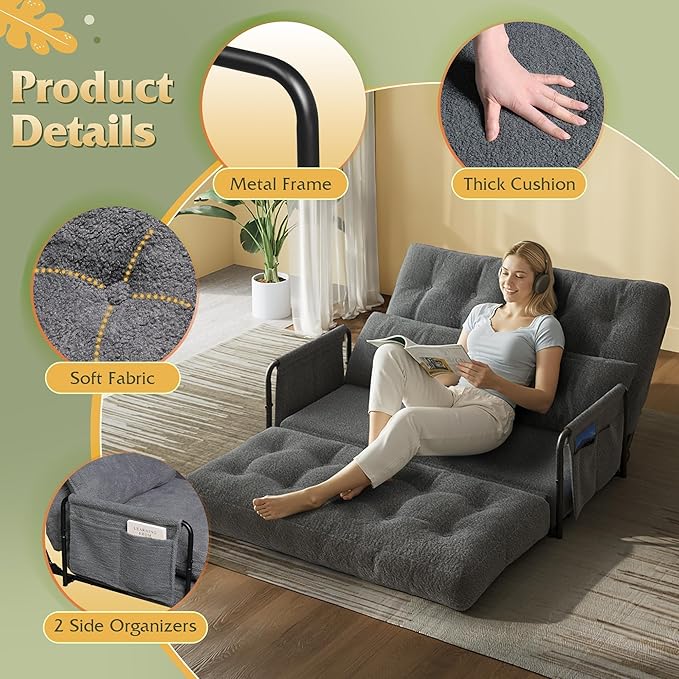 WLIVE Futon Sofa Bed with Adjustable Backrest, Bean Bag Chairs for Adults, Floor Couch with Armrest, Pillow, Low Profile Floor Seating for Living Room, Reading, Bedroom, Loveseat, Grey