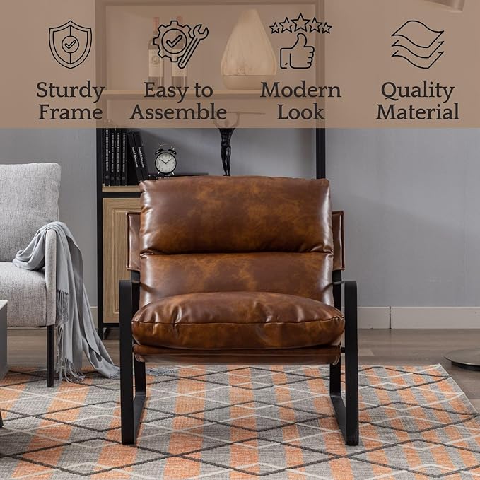 LukeAlon Modern PU Leather Accent Armchair, Upholstered Soft Living Room Chair with Black Metal Frame Thickened Cushion Single Sofa Chair Comfy Lounge Chair for Bedroom Living Room, Brown