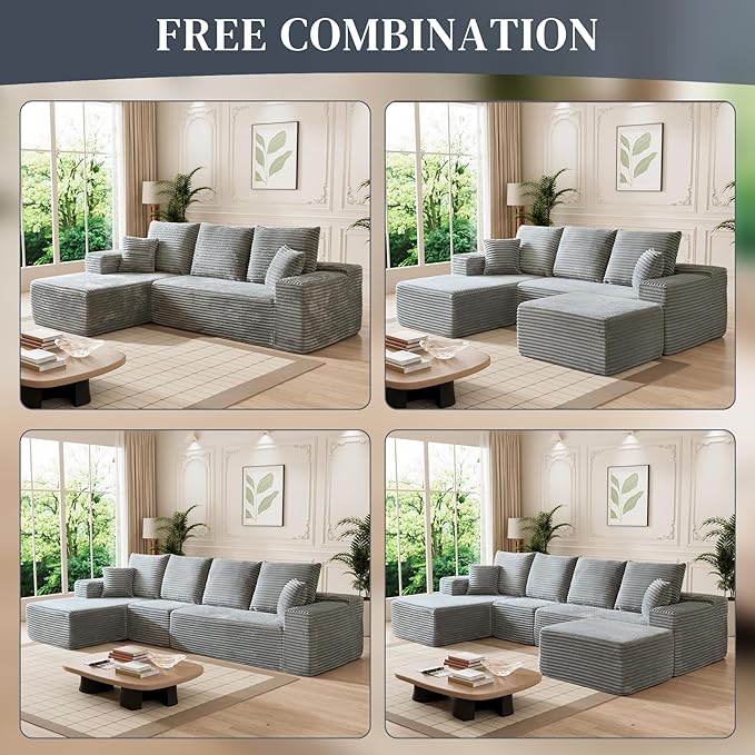 HYJT-H&K Modular Sectional Sofa Cloud Couch, 107" Comfy L Shaped Sectional Couches for Living Room, Deep Seat Memory Foam Plush Fluffy Corduroy Boneless Couch Sectionals Left Facing Sofa Chaise Grey