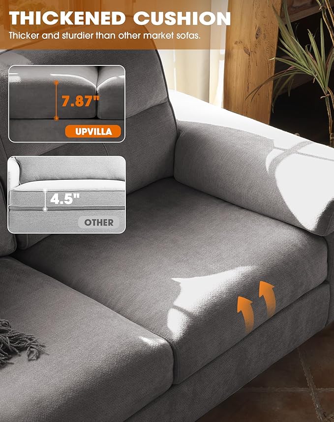 Upvilla 88.97" Modern Sofa Couches for Living Room, Deep Seat Sofas with 8”Cushion, Comfy 2-Seater Chenille Loveseat with Convertible Armrest, Removable Sofa Cover, High Leg(Light Gray)
