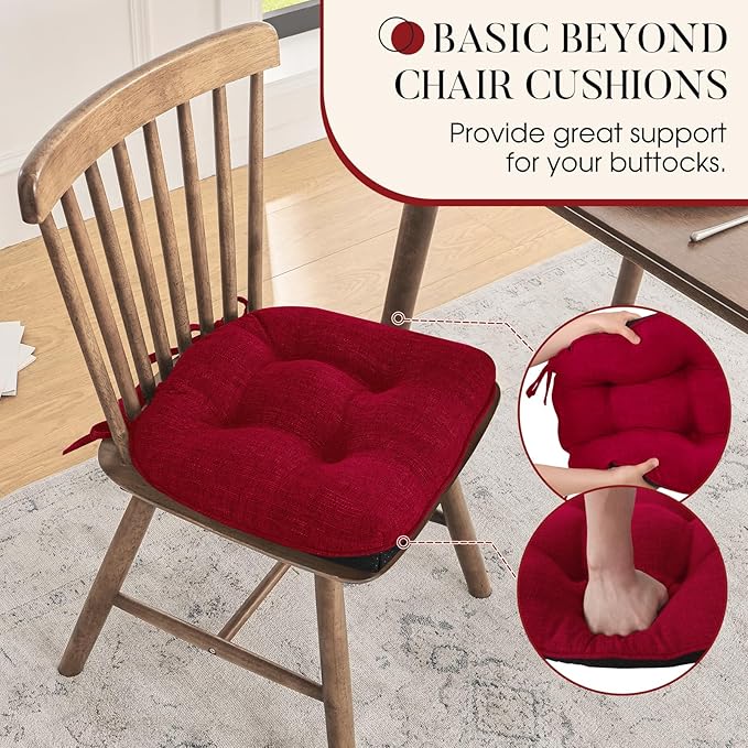 Basic Beyond Chair Cushions for Dining Chairs 4 Pack, Chair Cushion with Ties and Non Slip Backing, 15.5 x 15.5 inches Tufted Chair Pads for Dining Chairs(Red)
