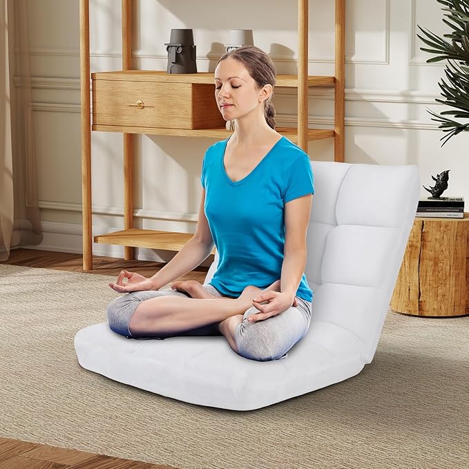 Moccha 14-Position Floor Sofa, Folding Sofa Chair with Back Support, Memory Foam Floor Gaming Chairs for Adults, Adjustable Padded Couch Recliner, Chaise Lounge for Reading, Meditating (White)