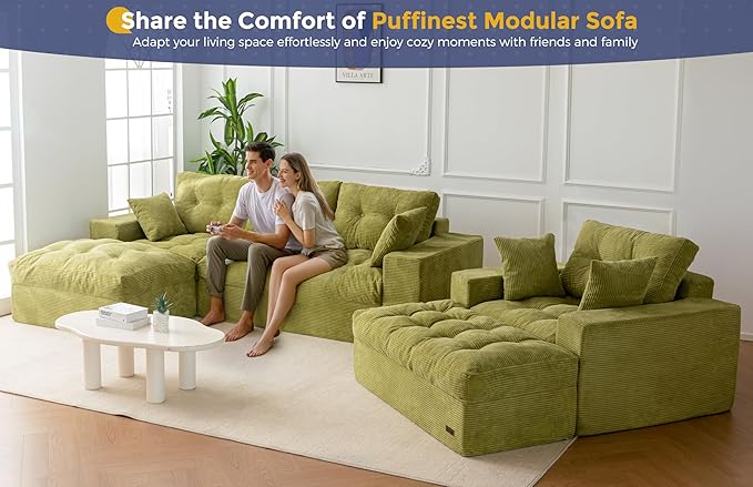 MAXYOYO Sectional Sofa Couch and Chaise Lounge, L Shaped Modern Cloud Couch with Ottoman, Comfy Sofa with Layered Cushion, Tufted Upholstered Sleeper Chair for Living Room, No Assembly Required