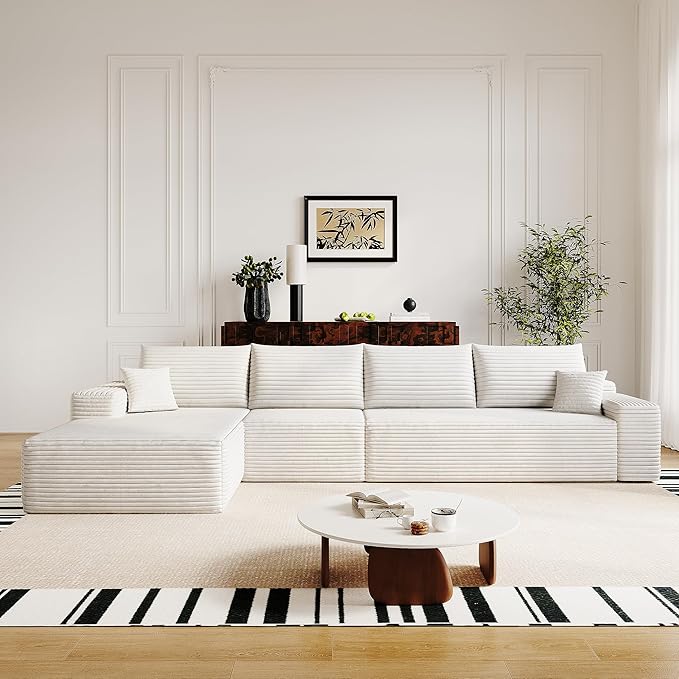AUGOP 136" Sectional Couches for Living Room Modern Modular Sofa with L-Shape Couchs Upholstered Boneless Couch Deep Seat Sectional Couch with Chaise (White, Left Facing Chaise+3Seaters)