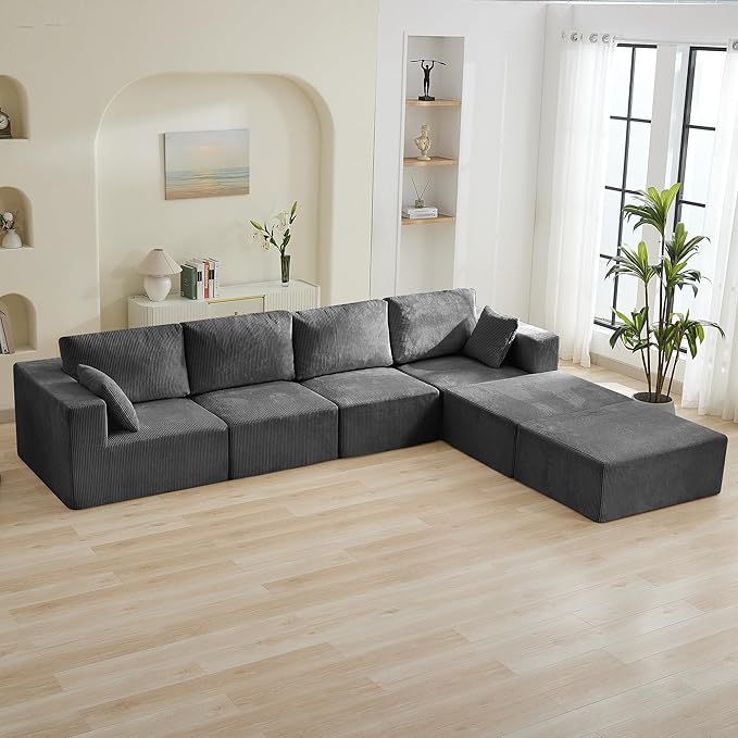 146'' Oversized Boneless Sofa, 4 Seater Modular Sectional Couch with 2 Moveable Ottoman, U Shaped Corduroy Convertible Sleeper Sofa with Chaise for Living Room, Grey