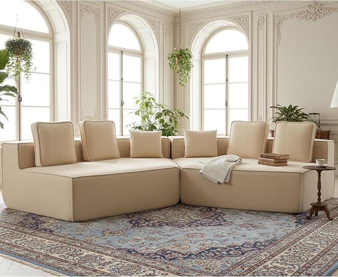 EPOFIT 132'' Oversized Teddy Fleece Modular 2-Seater Sofa, Compressed All-Foam Floor Couch with 6 Cushions, Low-Profile Cozy Sectional Sofa for Living Room & Apartment – Beige