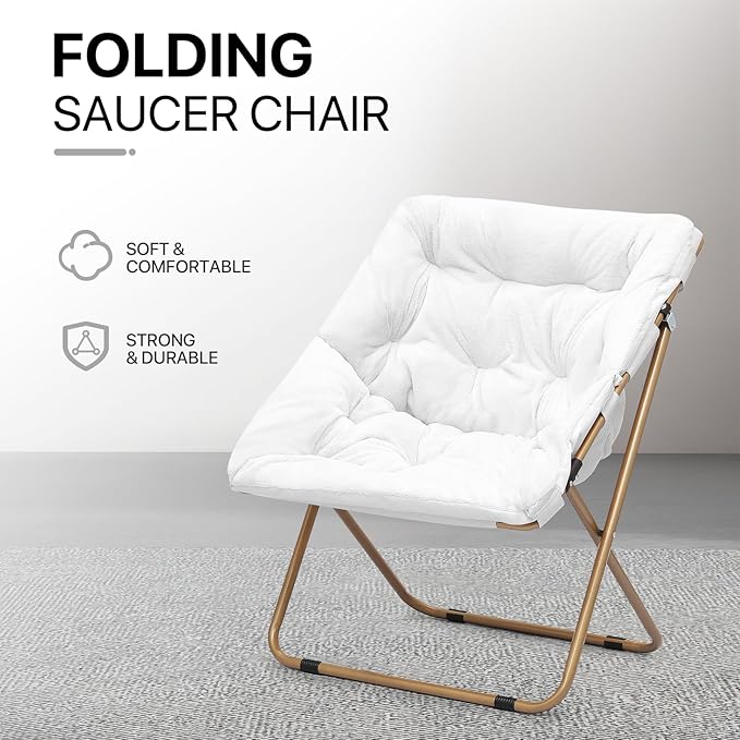 Athena Collection Saucer Chair for Adult, Square Comfy Cozy Chair Folding Chair Faux Fur Metal Frame Foldable Reading Chair Accent Chair for Bed Room Living Room Set of 2, White