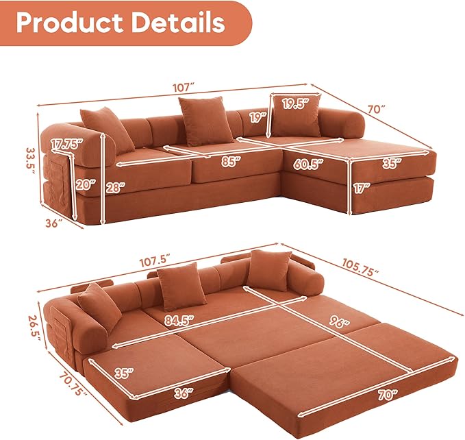 L Shaped Convertible Modular Sofa Bed with Cylindrical Pillow & Reversible Chaise, Corduroy Folding Floor Sofa Couch Bed with Fixed-Shape Frame & Storage Pocket for Living Room, Orange