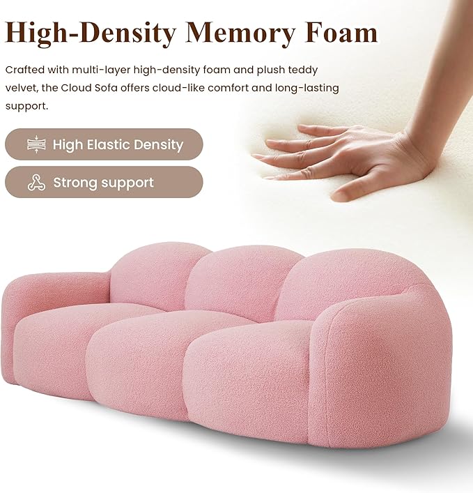 WJShome 90" Boneless Cloud Couch, Modern Curved Upholstered Boucle Sofa, Deep Seat Cozy 3 Seater Sofa, Plush Teddy Velvet Couches for Living Room, Bedroom, Apartment (Pink)
