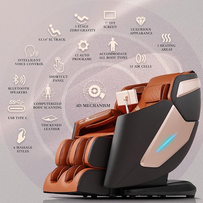 4D Massage Chair, Full Body Massage Chair, Zero Gravity Recliner w/ Intelligent Voice Control, 53.14" SL Track, Electric Calfrest Extension, 12 Auto Modes, USB Type-C, Bluetooth Speaker, TFT Screen