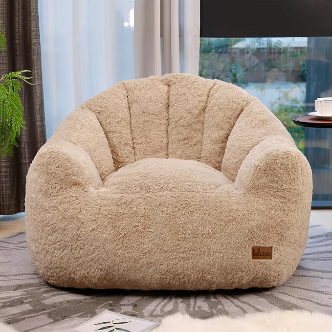 Big Bean Bag Chairs for Adults Giant Sofa with Faux Fur Shell-Shaped Beanbag Couch, Stuffed Large Bean Bag Floor Chair for Living Room, Beanbags Reading Chair for Bedroom Single Sofa(XL-Khaki)
