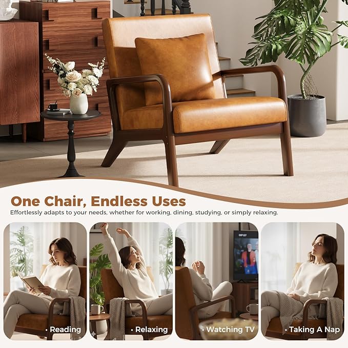 ELUCHANG Mid-Century Modern Chair,Upholstered Accent Chair Reading Arm Chair with Cushion & Lumbar Pillow & Solid Wood Frame for Lounge, Living Room, Bedroom, Office, Brown-PU Leather, 2PCS
