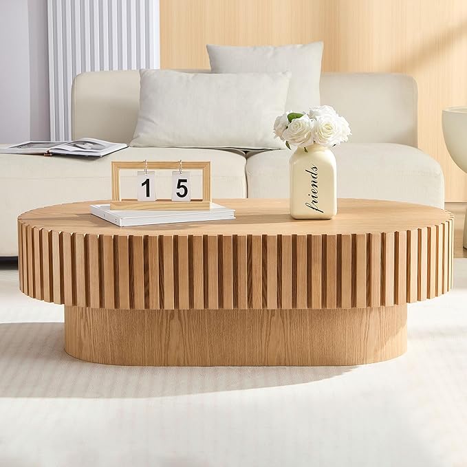 KEVINSPACE Oval Coffee Table 43.7" Wood CoffeeTable for Living Room Drum ModernCoffeeTable TeaTable Wooden Coffee Tables PedestalCoffeeTable Home Furniture Office Apartment Wood