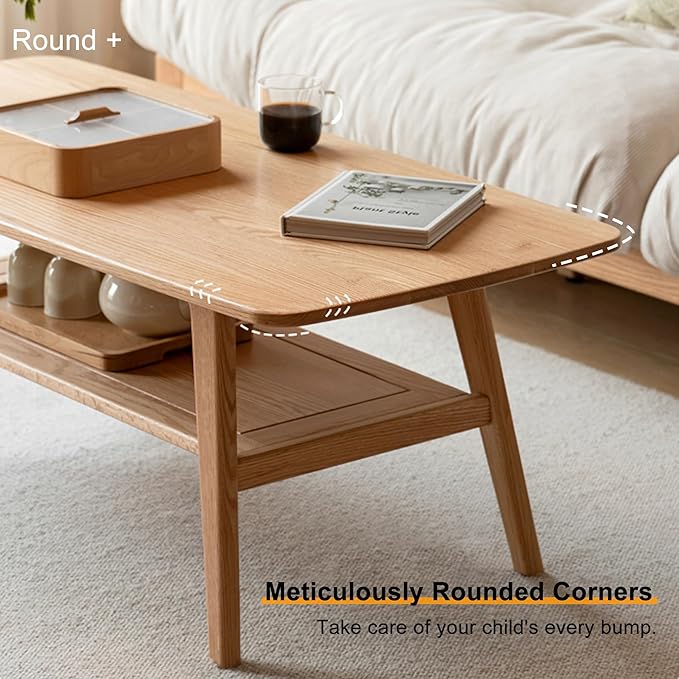 QKFF Modern Solid Wood Coffee Table, 2-Tier Small Wooden Coffee Table with Storage Shelf for Living Room, Apartment, Office, Natural (40''D x 20''W x 18''H)