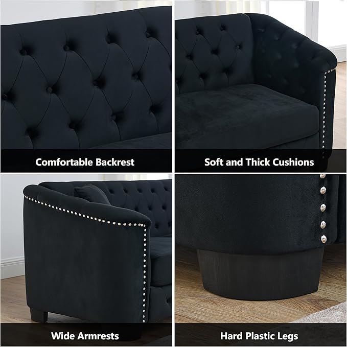 mikibama Luxury 2 Piece Chesterfield Velvet Sofa Set for Living Room, Modern Decor Furniture Sectional Sofa, 3 Seater & Loveseat Upholstered Tufted Couch for Apartment, Office, Hall(Black)