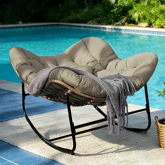 Sgentle Papasan Rocking Chair for Outdoor & Indoor, Oversized Patio Rocking Chair with Cushions & Steel Frame, Wicker Egg Lounge Chair, Comfy Reading Chair for Patio, Deck, Porch (Khaki, Style 2)