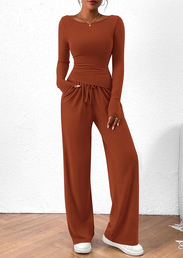 PRETTYGARDEN Women's 2 Piece Lounge Sets Asymmetrical Long Sleeve T Shirt Wide Leg Pants Casual Outfits Tracksuit
